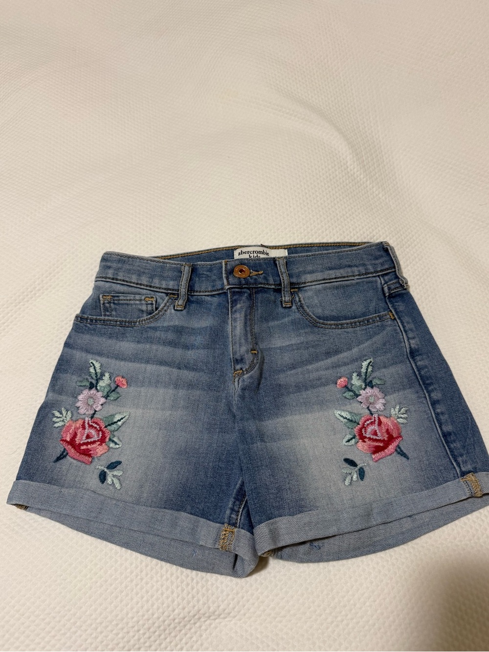 Abercrombie Kids Blue Embroidered Floral Midi Denim Shorts